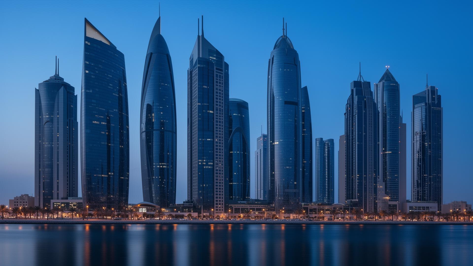 Modern financial district skyline at blue hour
